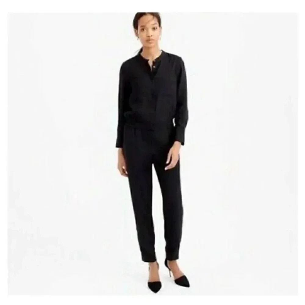 J Crew Women Navy Drapery Oxford Jumpsuit Long Sleeve Elastic Waist SZ 2